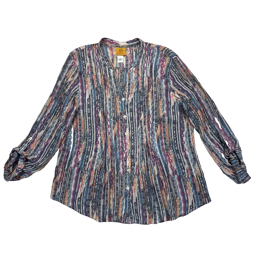 Ruby Rd. Boho Tribal Print Tunic Blouse Womens Size L Button Up Long Sleeve